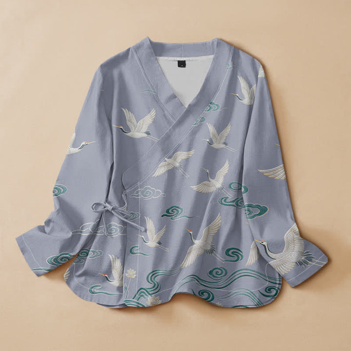 Buddha Stones Cotton Crane Cloud Print Hanfu Style Wrap V-Neck Lace-up Women's Long Sleeve Shirts Kimono - LightSteelBlue - US16，UK/AU20，EU48 (3XL) - image 5
