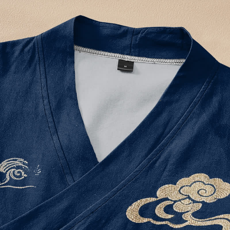 Buddha Stones Cotton Dragon Cloud Wave Print Hanfu Style Wrap V-Neck Lace-up Women's Long Sleeve Shirts Kimono - image 2