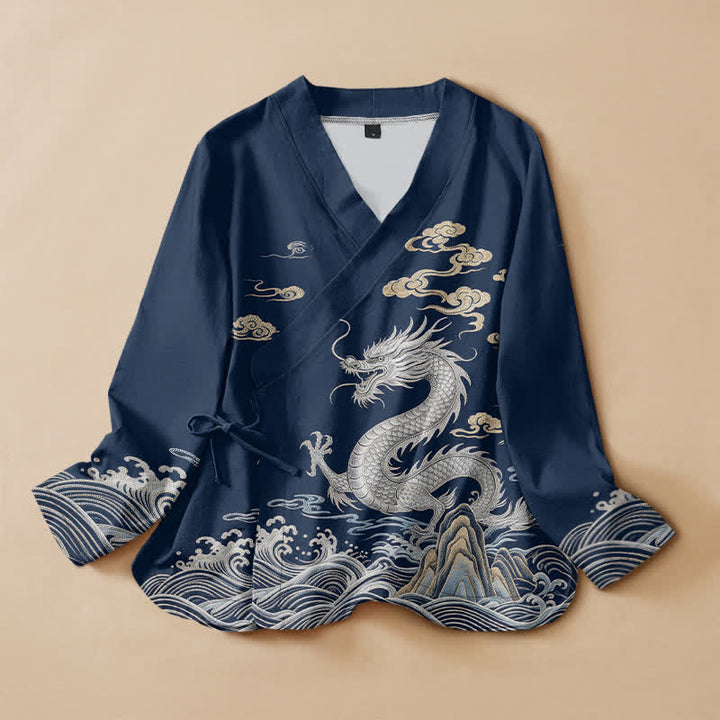 Buddha Stones Cotton Dragon Cloud Wave Print Hanfu Style Wrap V-Neck Lace-up Women's Long Sleeve Shirts Kimono - Navy - US16，UK/AU20，EU48 (3XL) - image 0