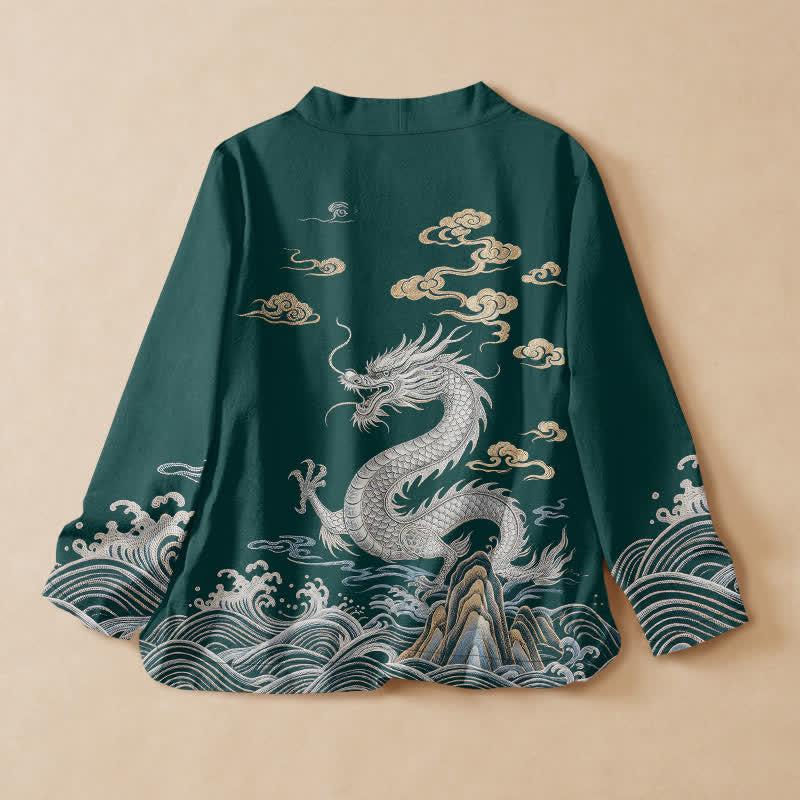 Buddha Stones Cotton Dragon Cloud Wave Print Hanfu Style Wrap V-Neck Lace-up Women's Long Sleeve Shirts Kimono - image 6