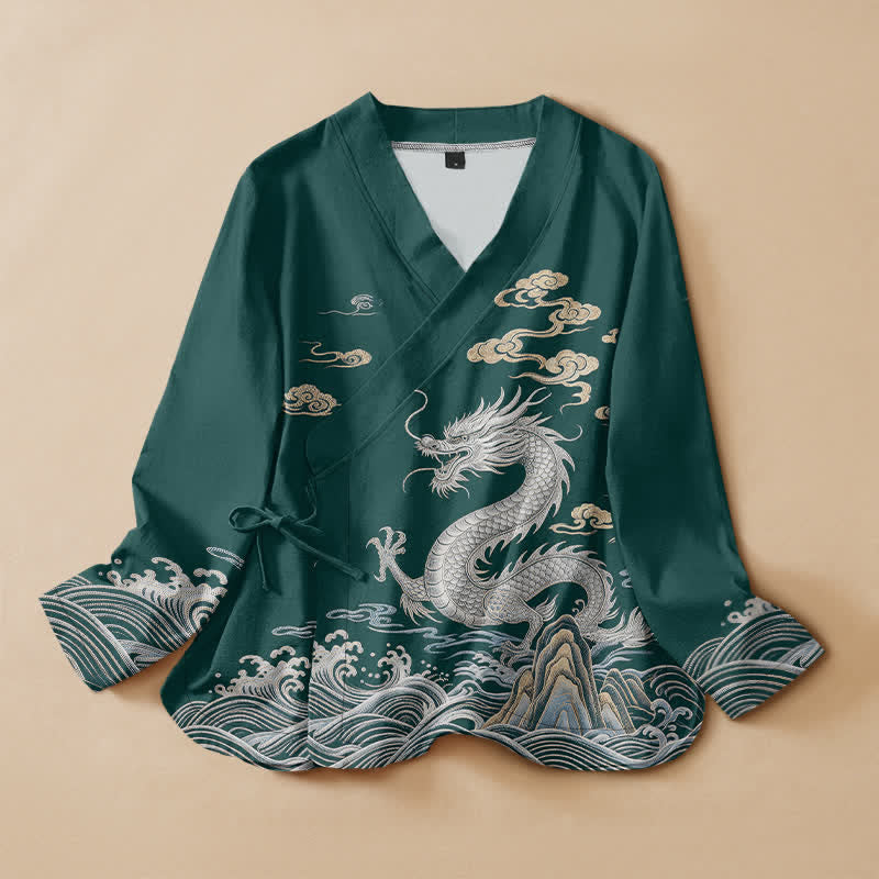 Buddha Stones Cotton Dragon Cloud Wave Print Hanfu Style Wrap V-Neck Lace-up Women's Long Sleeve Shirts Kimono - Teal - US16，UK/AU20，EU48 (3XL) - image 5