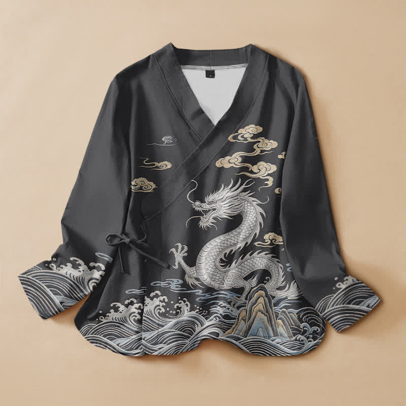 Buddha Stones Cotton Dragon Cloud Wave Print Hanfu Style Wrap V-Neck Lace-up Women's Long Sleeve Shirts Kimono - DimGray - US16，UK/AU20，EU48 (3XL) - image 7