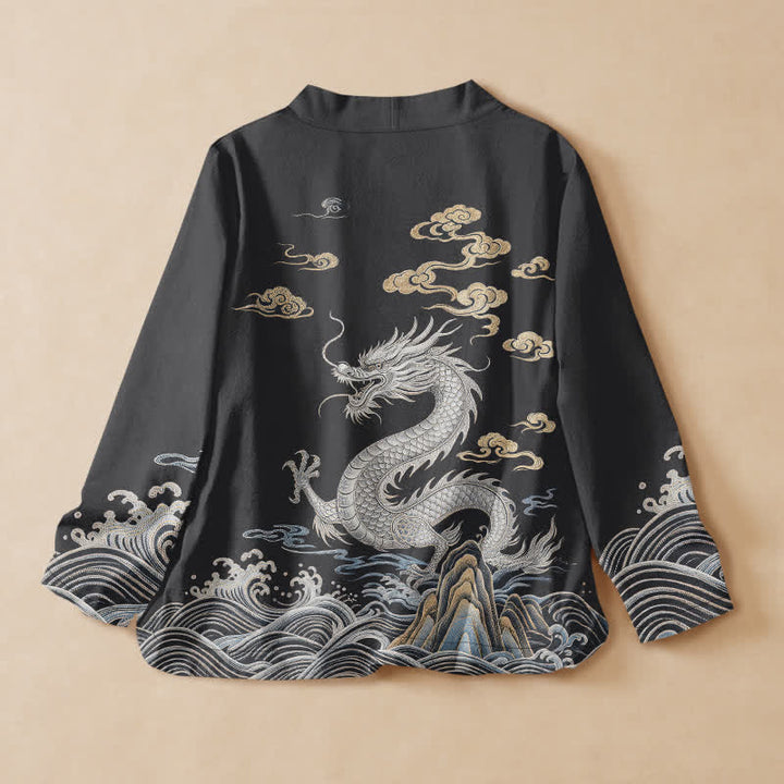Buddha Stones Cotton Dragon Cloud Wave Print Hanfu Style Wrap V-Neck Lace-up Women's Long Sleeve Shirts Kimono - image 8