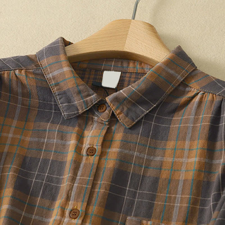 Buddha Stones Fall Casual Classic Plaid Women's Long Sleeve Shirts With Patch Pocket - image 14