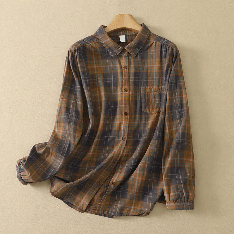 Buddha Stones Fall Casual Classic Plaid Women's Long Sleeve Shirts With Patch Pocket - SaddleBrown - US8-10, UK/AU12-14, EU40-42 (2XL) - image 13