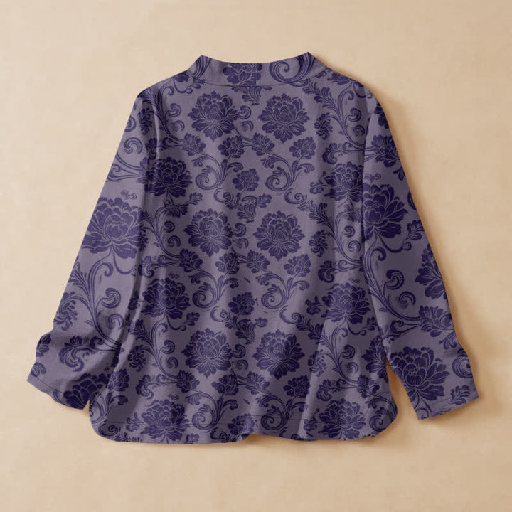 Buddha Stones Cotton Vintage Floral Pattern Hanfu Style Wrap V-Neck Lace-up Women's Long Sleeve Shirts Kimono - image 6