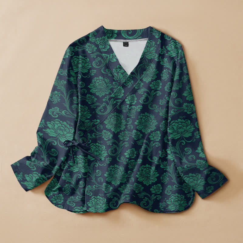 Buddha Stones Cotton Vintage Floral Pattern Hanfu Style Wrap V-Neck Lace-up Women's Long Sleeve Shirts Kimono - Navy - US16，UK/AU20，EU48 (3XL) - image 7