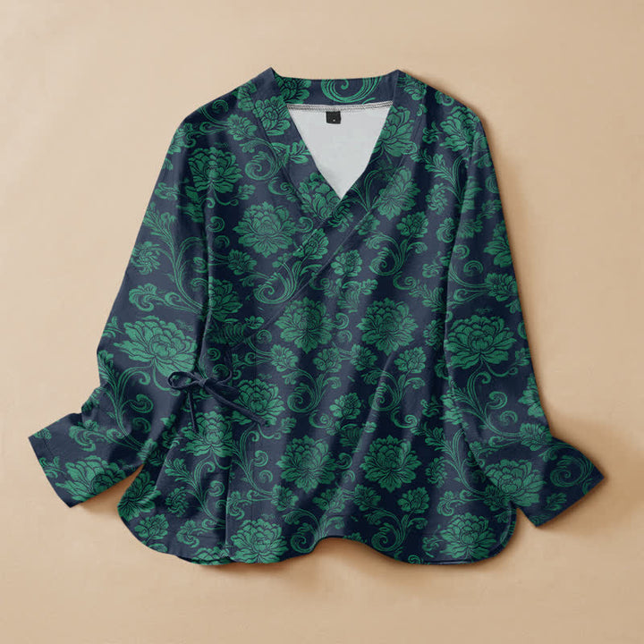 Buddha Stones Cotton Vintage Floral Pattern Hanfu Style Wrap V-Neck Lace-up Women's Long Sleeve Shirts Kimono - Navy - US16，UK/AU20，EU48 (3XL) - image 7