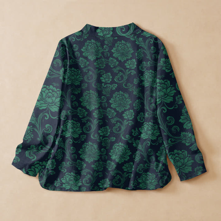 Buddha Stones Cotton Vintage Floral Pattern Hanfu Style Wrap V-Neck Lace-up Women's Long Sleeve Shirts Kimono - image 8