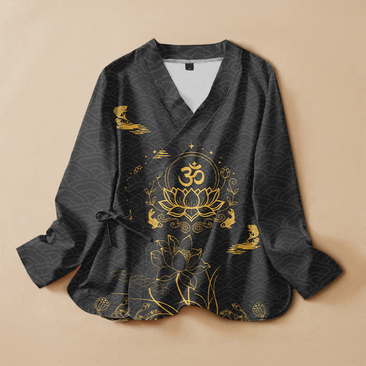 Buddha Stones Cotton Lotus Om Koi Pattern Wrap V-Neck Lace-up Women's Long Sleeve Shirts Kimono - Black - US16，UK/AU20，EU48 (3XL) - image 0