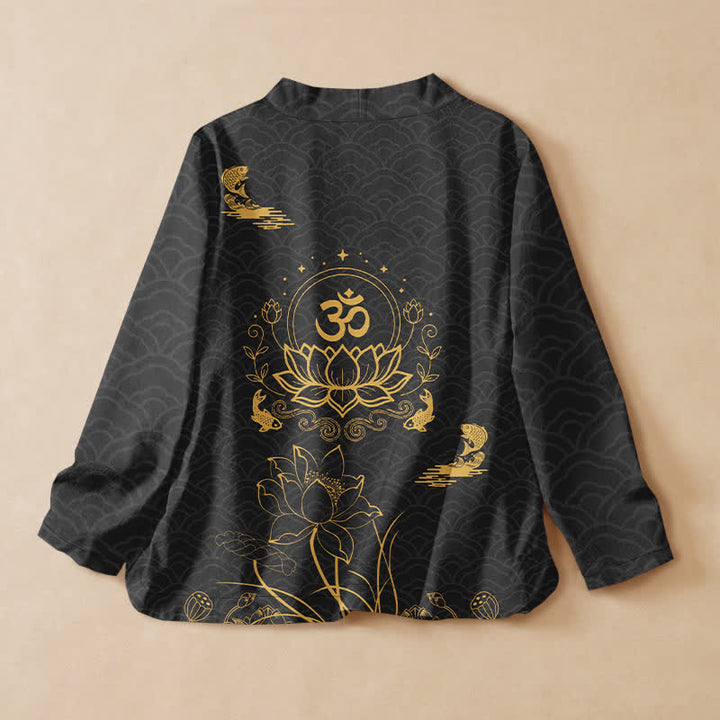 Buddha Stones Cotton Lotus Om Koi Pattern Wrap V-Neck Lace-up Women's Long Sleeve Shirts Kimono - image 1