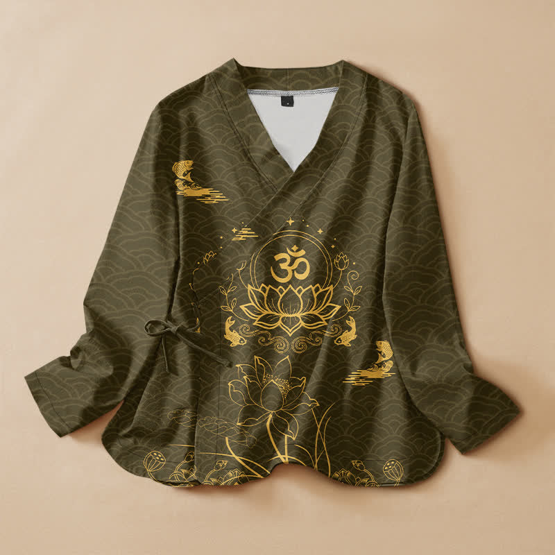 Buddha Stones Cotton Lotus Om Koi Pattern Wrap V-Neck Lace-up Women's Long Sleeve Shirts Kimono - Olive - US16，UK/AU20，EU48 (3XL) - image 5