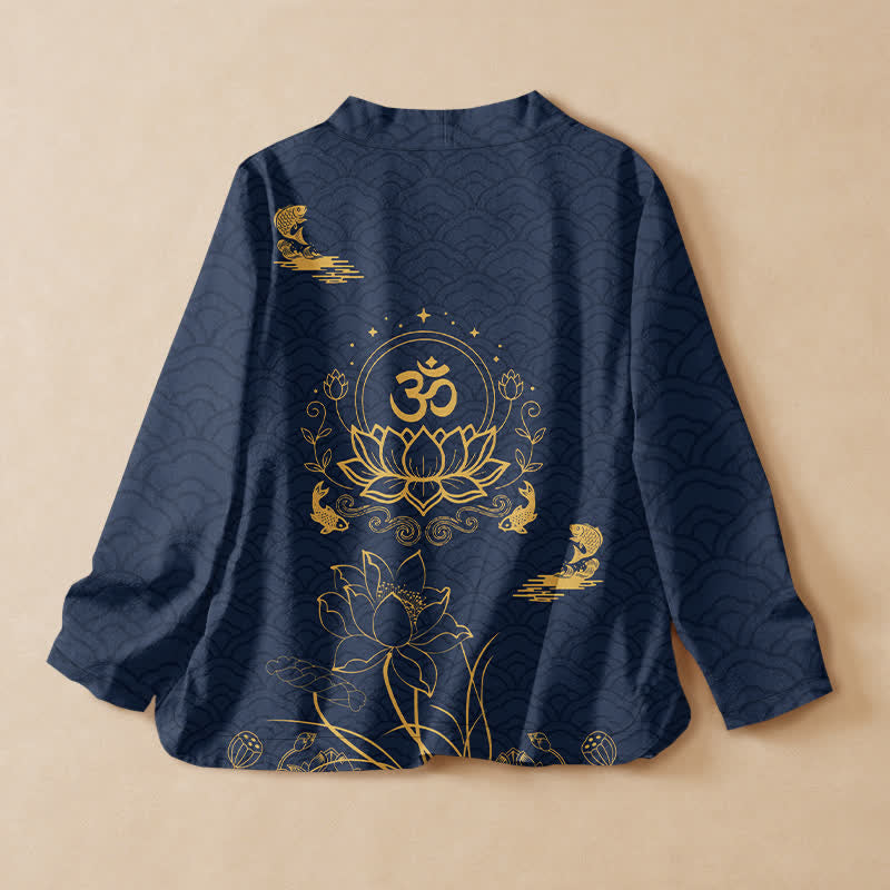 Buddha Stones Cotton Lotus Om Koi Pattern Wrap V-Neck Lace-up Women's Long Sleeve Shirts Kimono - image 8
