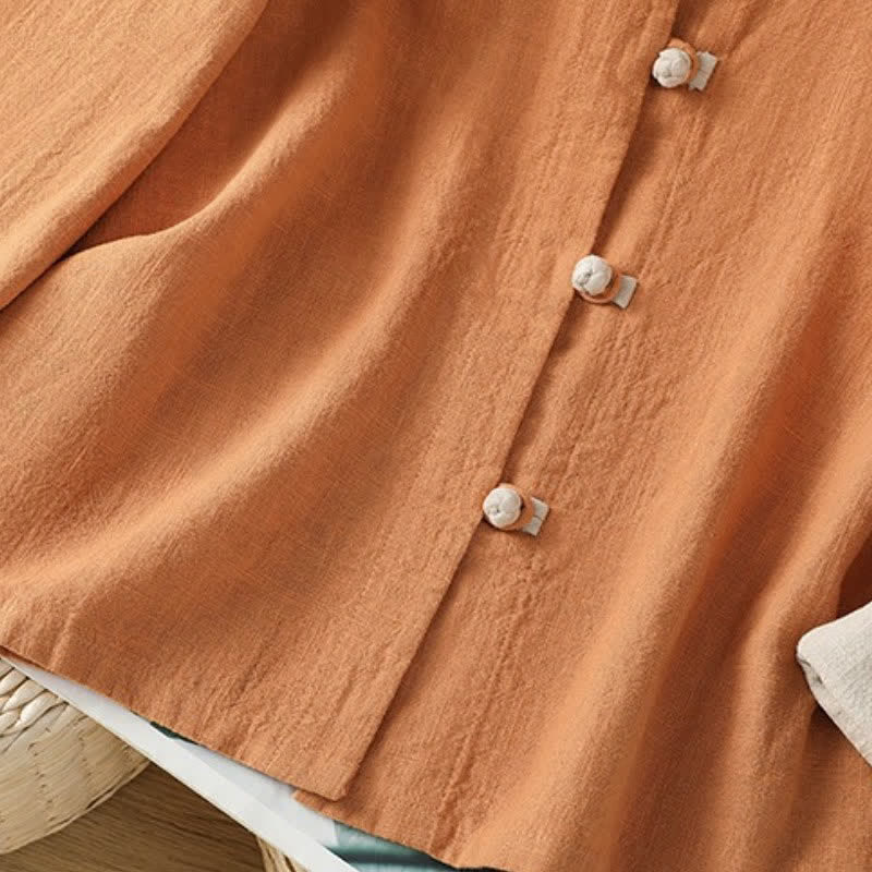 Buddha Stones Spring Fall Casual Tang Style Mandarin Collar Solid Color Contrast Women's Long Sleeve Shirts - image 14