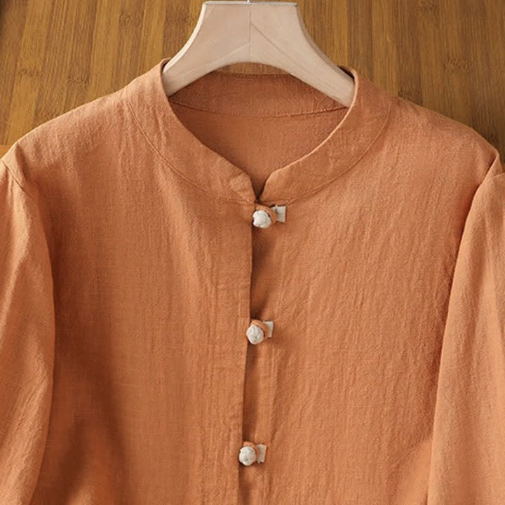 Buddha Stones Spring Fall Casual Tang Style Mandarin Collar Solid Color Contrast Women's Long Sleeve Shirts - image 11