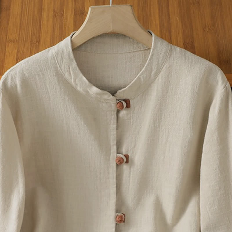 Buddha Stones Spring Fall Casual Tang Style Mandarin Collar Solid Color Contrast Women's Long Sleeve Shirts - image 3