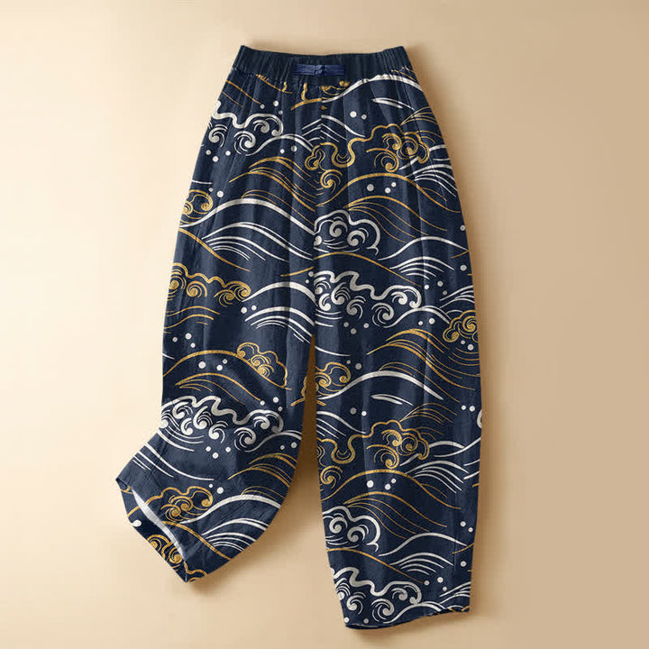Buddha Stones Pure Cotton Ocean Wave Cloud Pattern Frog Button Women's Elastic Waist Harem Pants With Pockets - Navy - US16，UK/AU20，EU48 (3XL) - image 0