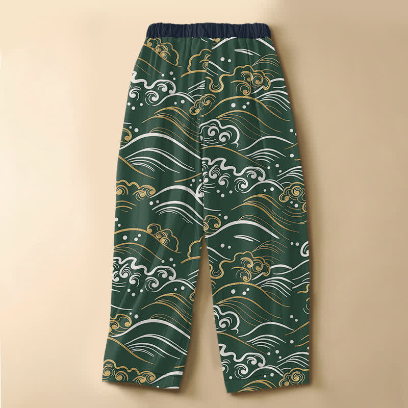 Buddha Stones Pure Cotton Ocean Wave Cloud Pattern Frog Button Women's Elastic Waist Harem Pants With Pockets - image 6
