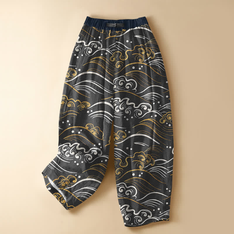 Buddha Stones Pure Cotton Ocean Wave Cloud Pattern Frog Button Women's Elastic Waist Harem Pants With Pockets - SlateGray - US16，UK/AU20，EU48 (3XL) - image 7