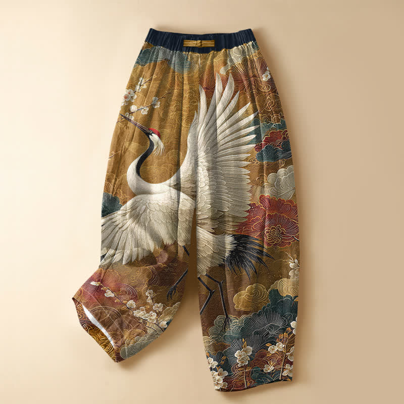 Buddha Stones Pure Cotton Vintage Crane Cloud Pattern Frog Button Women's Elastic Waist Harem Pants With Pockets - DarkGoldenrod - US16，UK/AU20，EU48 (3XL) - image 0