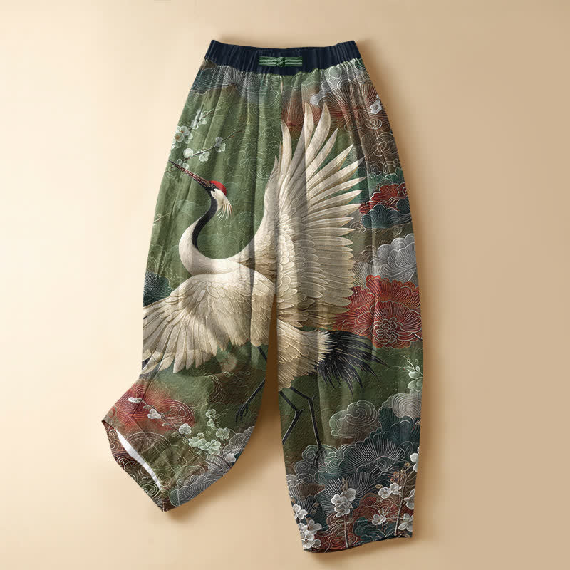 Buddha Stones Pure Cotton Vintage Crane Cloud Pattern Frog Button Women's Elastic Waist Harem Pants With Pockets - OliveDrab - US16，UK/AU20，EU48 (3XL) - image 5