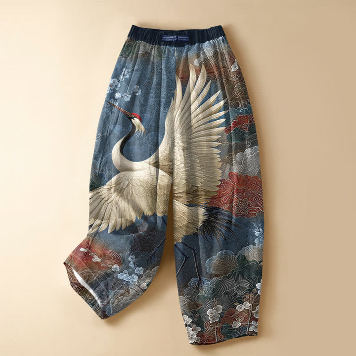 Buddha Stones Pure Cotton Vintage Crane Cloud Pattern Frog Button Women's Elastic Waist Harem Pants With Pockets - SteelBlue - US16，UK/AU20，EU48 (3XL) - image 7