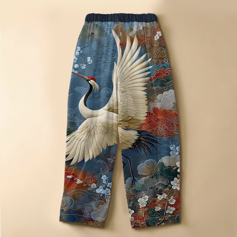 Buddha Stones Pure Cotton Vintage Crane Cloud Pattern Frog Button Women's Elastic Waist Harem Pants With Pockets - image 8