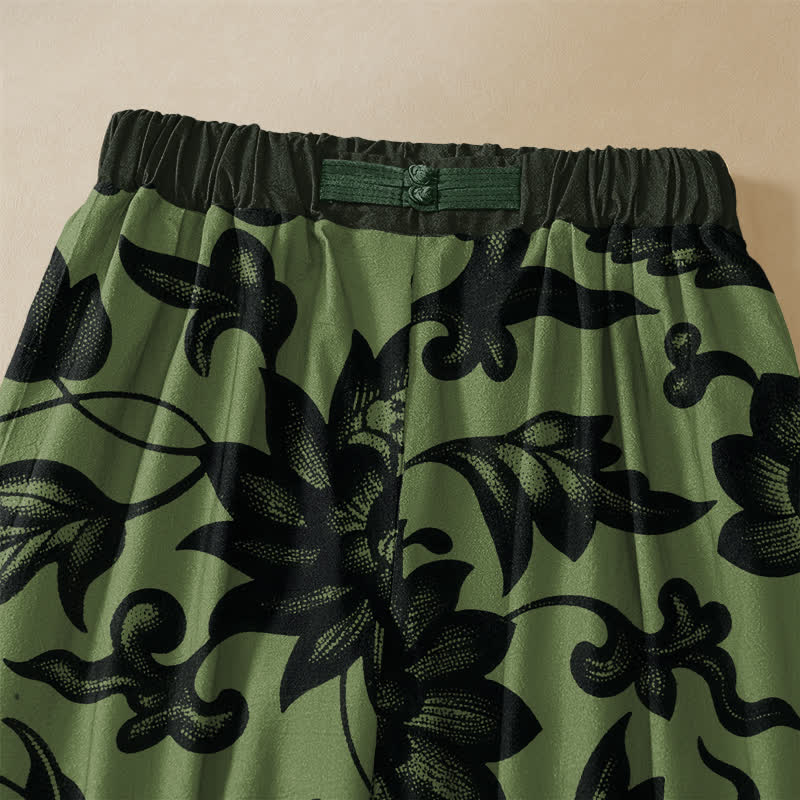 Buddha Stones Pure Cotton Vintage Olive Floral Pattern Frog Button Women's Elastic Waist Harem Pants With Pockets - image 2