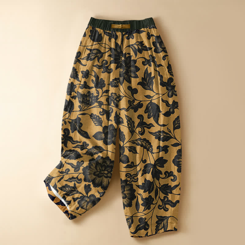 Buddha Stones Pure Cotton Vintage Olive Floral Pattern Frog Button Women's Elastic Waist Harem Pants With Pockets - Goldenrod - US16，UK/AU20，EU48 (3XL) - image 5