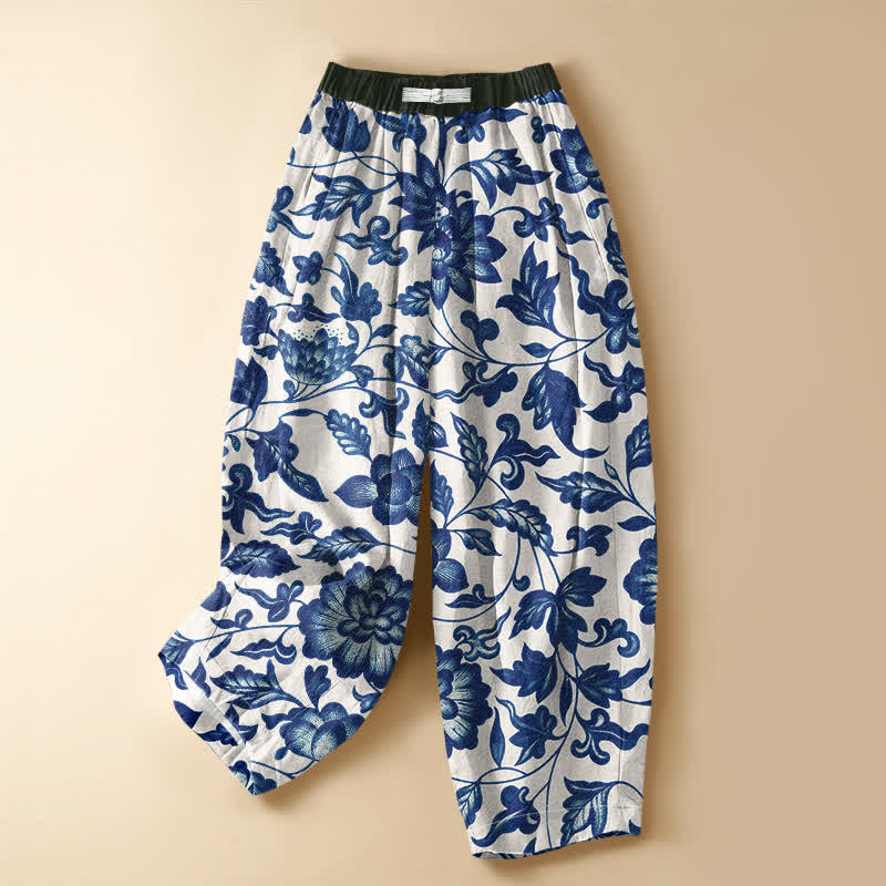 Buddha Stones Pure Cotton Vintage Olive Floral Pattern Frog Button Women's Elastic Waist Harem Pants With Pockets - White - US16，UK/AU20，EU48 (3XL) - image 7
