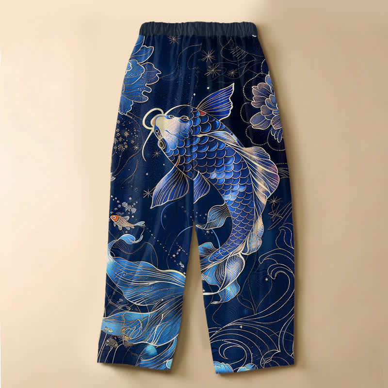 Buddha Stones Pure Cotton Vintage Koi Lotus Pattern Frog Button Women's Elastic Waist Harem Pants With Pockets - image 1