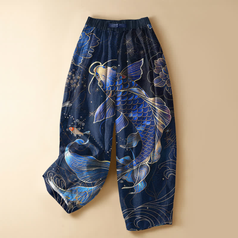 Buddha Stones Pure Cotton Vintage Koi Lotus Pattern Frog Button Women's Elastic Waist Harem Pants With Pockets - Navy - US16，UK/AU20，EU48 (3XL) - image 0