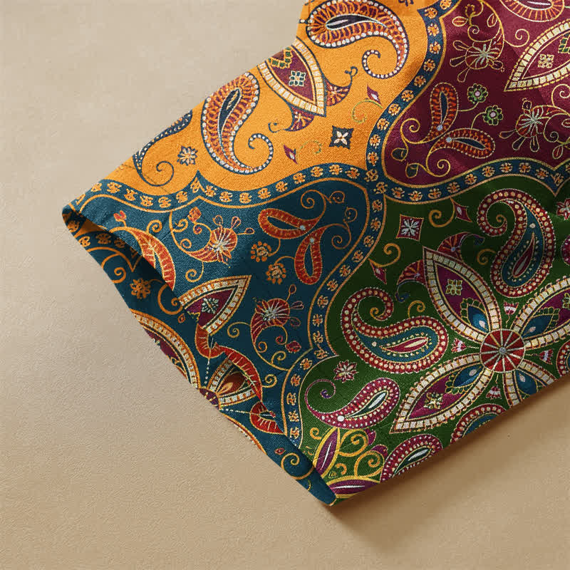 Buddha Stones Pure Cotton Ornate Folk Mandala Pattern Frog Button Women's Elastic Waist Harem Pants With Pockets - image 3
