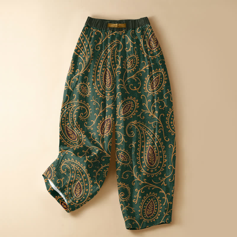 Buddha Stones Pure Cotton Vintage Leaf Paisley Pattern Frog Button Women's Elastic Waist Harem Pants With Pockets - SeaGreen - US16，UK/AU20，EU48 (3XL) - image 0