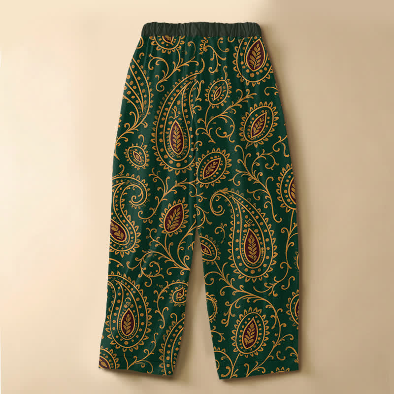 Buddha Stones Pure Cotton Vintage Leaf Paisley Pattern Frog Button Women's Elastic Waist Harem Pants With Pockets - image 1