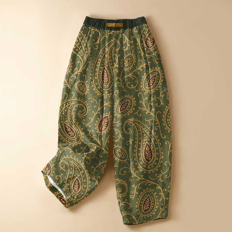 Buddha Stones Pure Cotton Vintage Leaf Paisley Pattern Frog Button Women's Elastic Waist Harem Pants With Pockets - OliveDrab - US16，UK/AU20，EU48 (3XL) - image 7