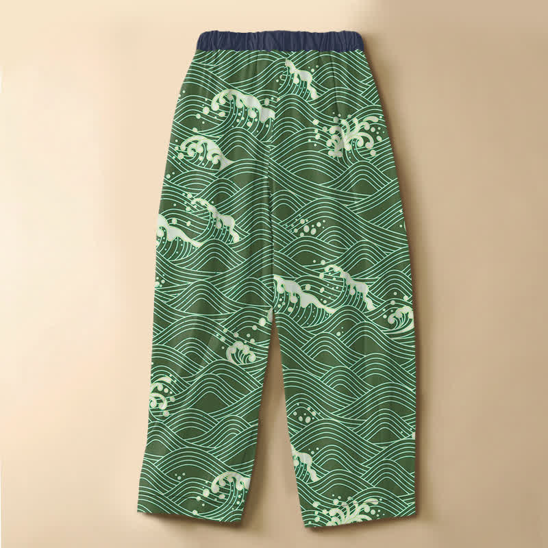 Buddha Stones Pure Cotton Ocean Wave Pattern Frog Button Women's Elastic Waist Harem Pants With Pockets - image 8
