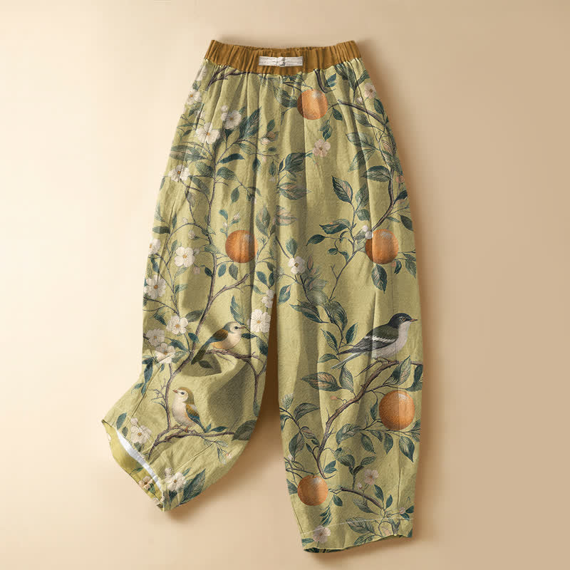 Buddha Stones Pure Cotton Orchard Bird Bloom Pattern Frog Button Women's Elastic Waist Harem Pants With Pockets - Khaki - US16，UK/AU20，EU48 (3XL) - image 5
