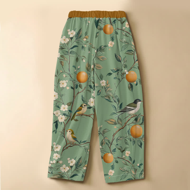 Buddha Stones Pure Cotton Orchard Bird Bloom Pattern Frog Button Women's Elastic Waist Harem Pants With Pockets - image 8