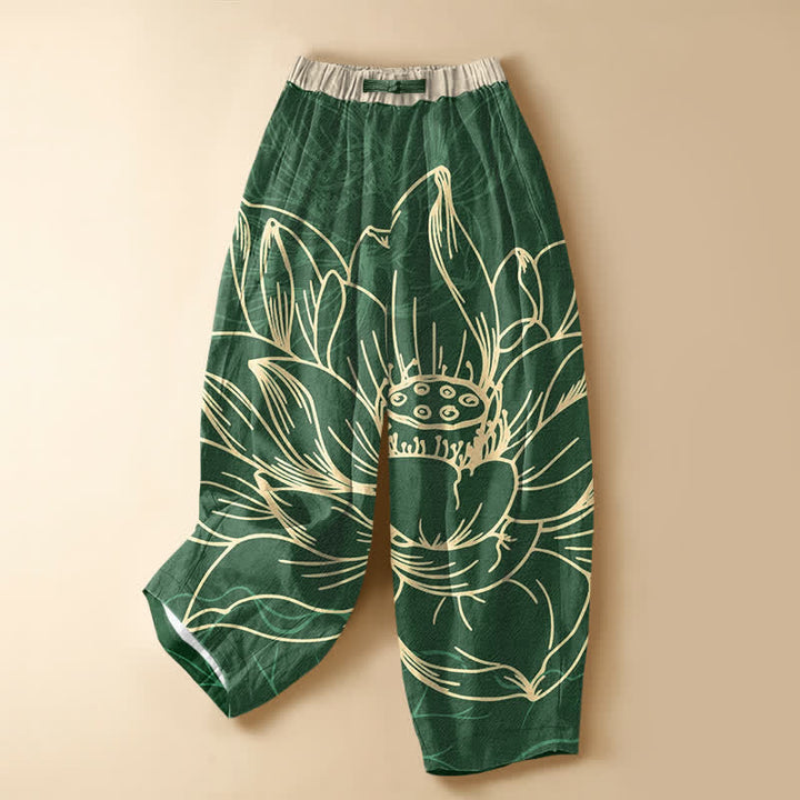 Buddha Stones Pure Cotton Artistic Lotus Line Art Pattern Frog Button Women's Elastic Waist Harem Pants With Pockets - ForestGreen - US16，UK/AU20，EU48 (3XL) - image 0