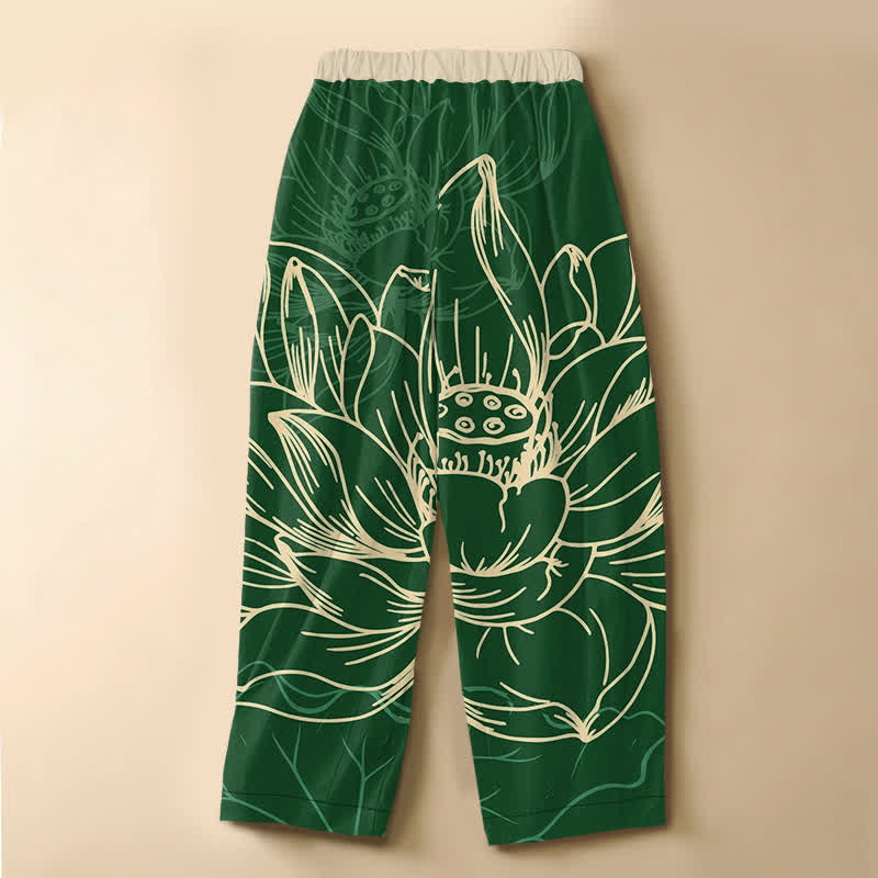 Buddha Stones Pure Cotton Artistic Lotus Line Art Pattern Frog Button Women's Elastic Waist Harem Pants With Pockets - image 1