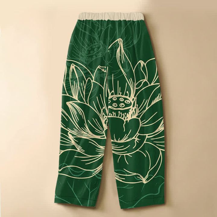 Buddha Stones Pure Cotton Artistic Lotus Line Art Pattern Frog Button Women's Elastic Waist Harem Pants With Pockets - image 1