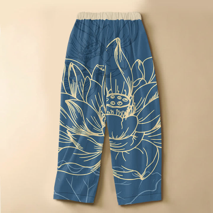 Buddha Stones Pure Cotton Artistic Lotus Line Art Pattern Frog Button Women's Elastic Waist Harem Pants With Pockets - image 6
