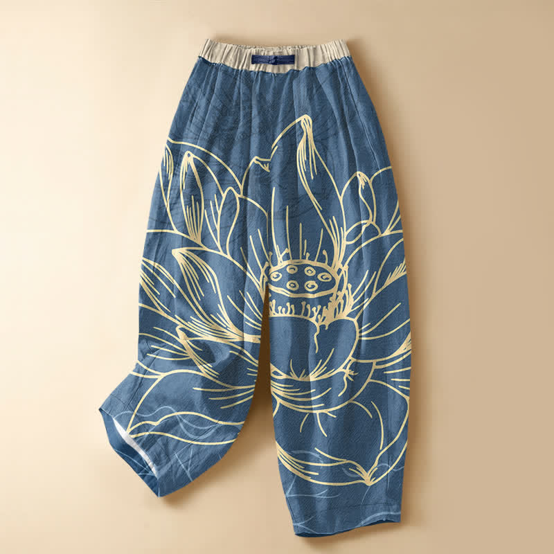 Buddha Stones Pure Cotton Artistic Lotus Line Art Pattern Frog Button Women's Elastic Waist Harem Pants With Pockets - SteelBlue - US16，UK/AU20，EU48 (3XL) - image 5