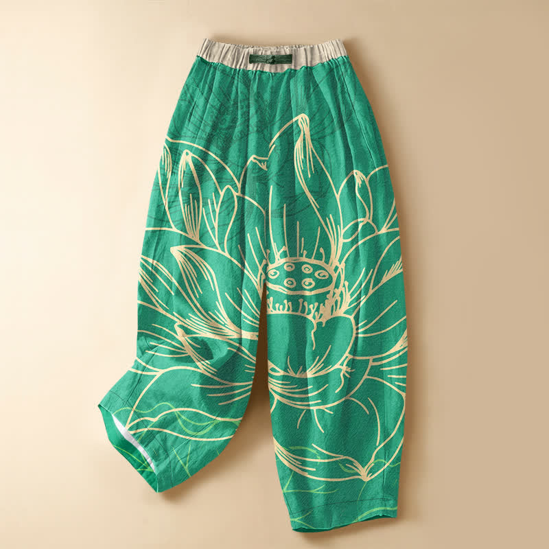Buddha Stones Pure Cotton Artistic Lotus Line Art Pattern Frog Button Women's Elastic Waist Harem Pants With Pockets - MediumSpringGreen - US16，UK/AU20，EU48 (3XL) - image 7