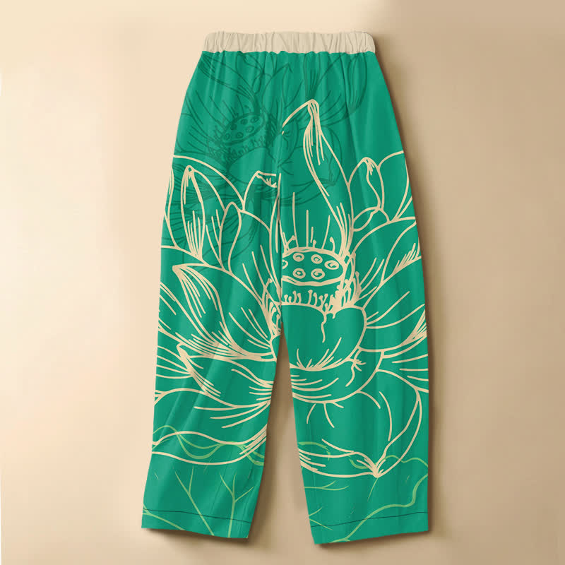 Buddha Stones Pure Cotton Artistic Lotus Line Art Pattern Frog Button Women's Elastic Waist Harem Pants With Pockets - image 8