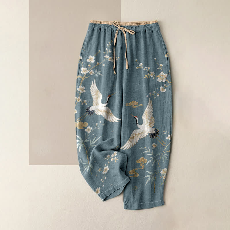 Buddha Stones Pure Cotton Vintage Crane Cloud Pattern Women's Elastic Waist Pants With Pockets - CadetBlue - US16，UK/AU20，EU48 (3XL) - image 0