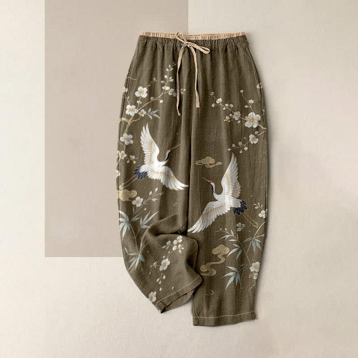 Buddha Stones Pure Cotton Vintage Crane Cloud Pattern Women's Elastic Waist Pants With Pockets - Olive - US16，UK/AU20，EU48 (3XL) - image 3
