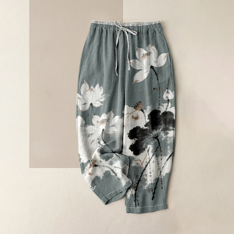 Buddha Stones Pure Cotton Ink Lotus Pattern Women's Elastic Waist Pants With Pockets - LightSlateGray - US16，UK/AU20，EU48 (3XL) - image 0