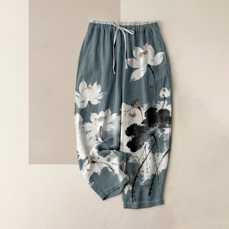 Buddha Stones Pure Cotton Ink Lotus Pattern Women's Elastic Waist Pants With Pockets - CadetBlue - US16，UK/AU20，EU48 (3XL) - image 3